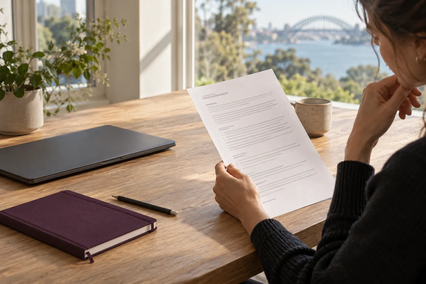 Illustrative workspace with a professional reading an unbranded role description