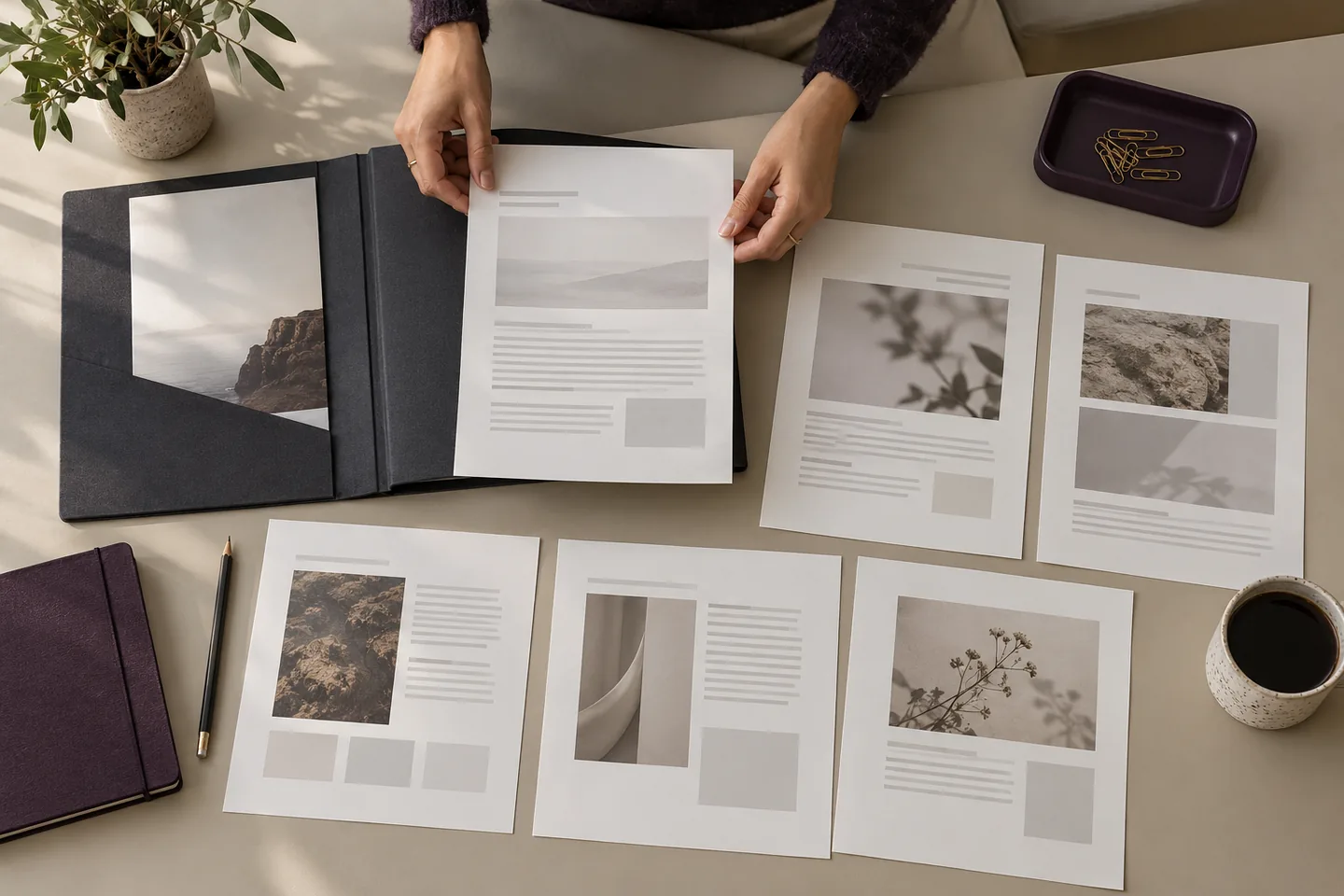 An illustrative folder of anonymised portfolio pages arranged on a desk